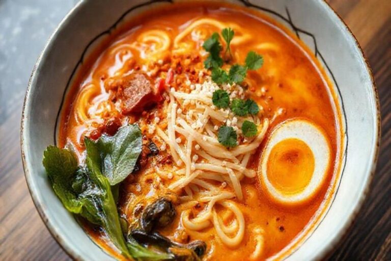 Uma tigela de ramen apimentado cremoso com ingredientes frescos.