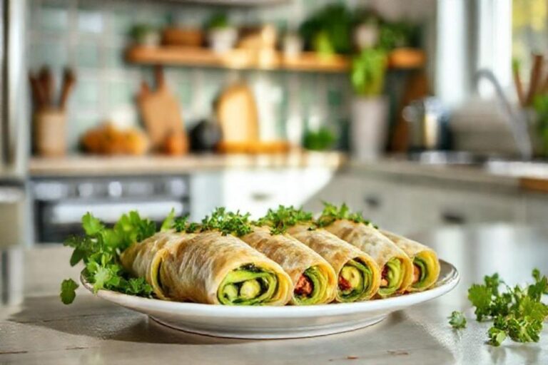 Rolinhos de ovo de abacate prontos em uma cozinha iluminada.