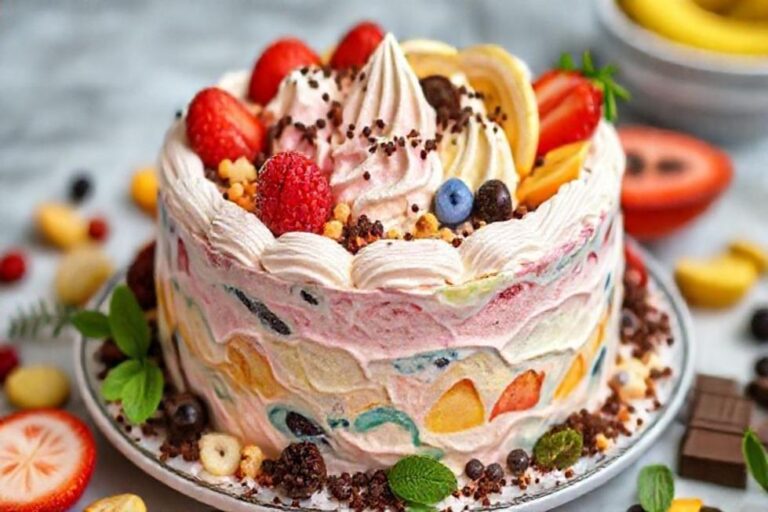 Bolo gelado brilhantemente decorado com frutas e ingredientes.