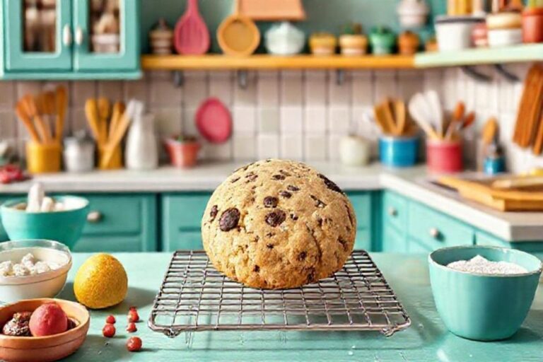 Cozinha colorida com um cookie gigante fresco em uma grade