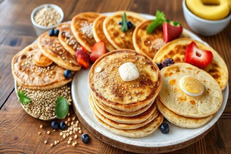 Diferentes tipos de panquecas saudáveis dispostas em uma mesa de madeira.