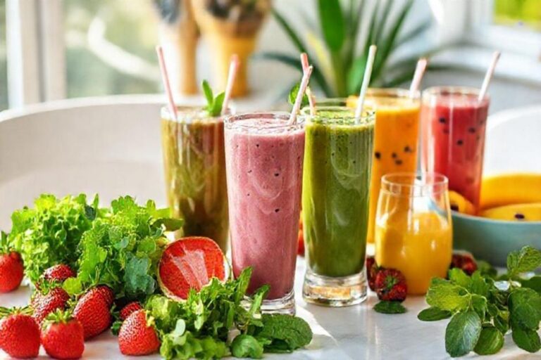 Mesa com variados smoothies coloridos de frutas e vegetais, refletindo um estilo de vida saudável.