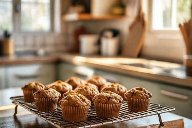 Cozinha acolhedora com muffins frescos resfriando em uma gradinha.