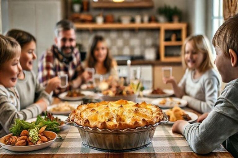 Família reunida saboreando uma deliciosa torta de frango.