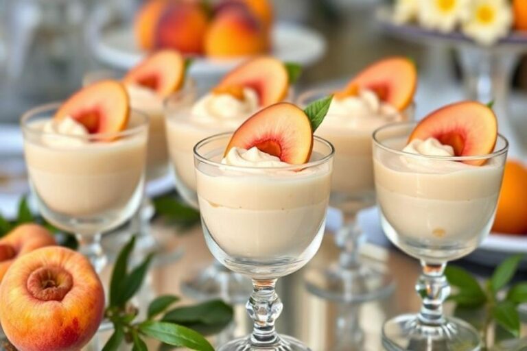 Deliciosa mousse de pêssego decorada com fatias de pêssego fresco.