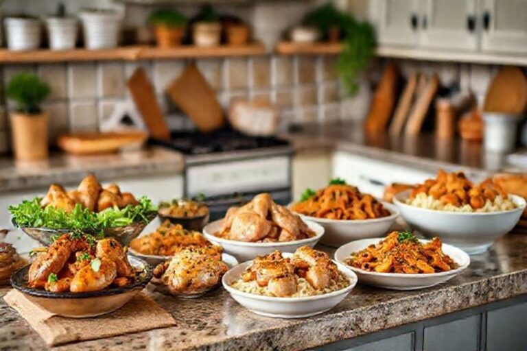 Pratos de frango em uma cozinha arejada.