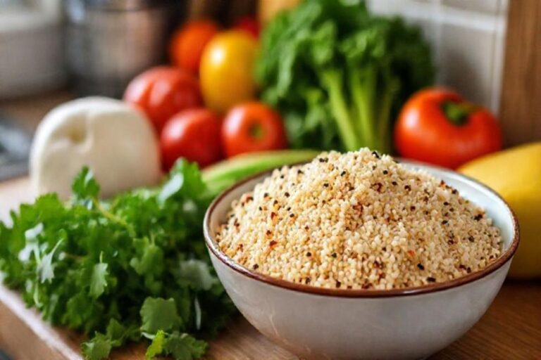 Uma cena aconchegante de cozinha com um prato de quinoa e vegetais frescos.