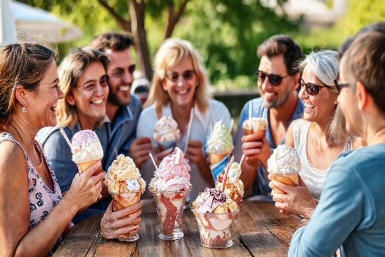 Família se divertindo enquanto saboreia sorvete caseiro em um dia ensolarado.