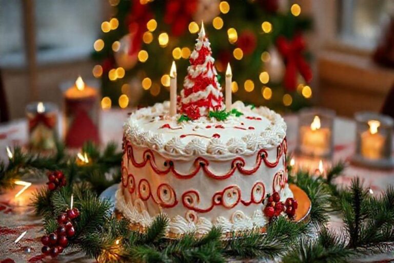 Bolo de Natal em uma mesa decorada para as festas