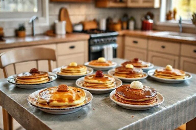 Uma mesa de cozinha com panquecas variadas em um ambiente aconchegante.