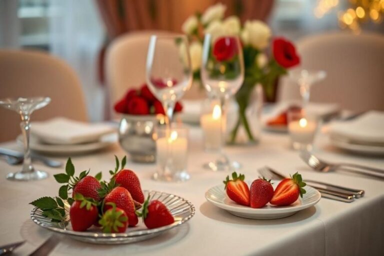 Mesa de jantar romântica com morangos e velas