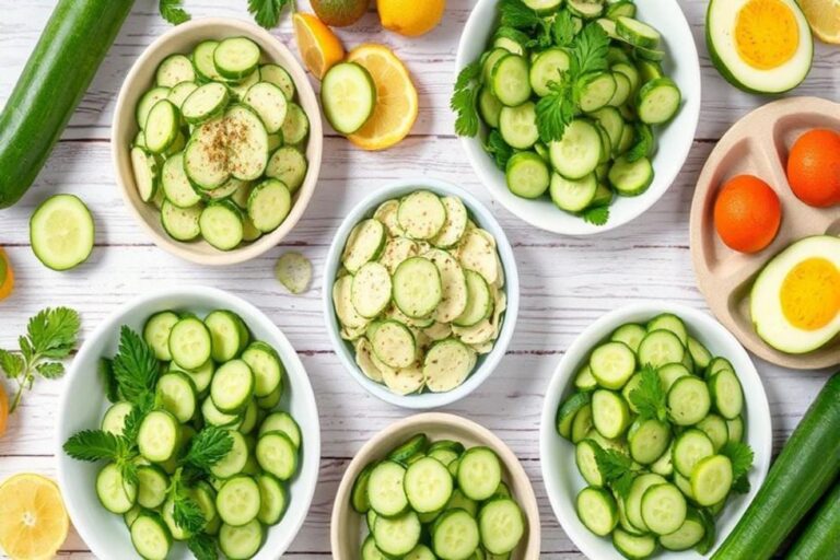 Mesa cheia de pratos saudáveis e refrescantes preparados com pepino.