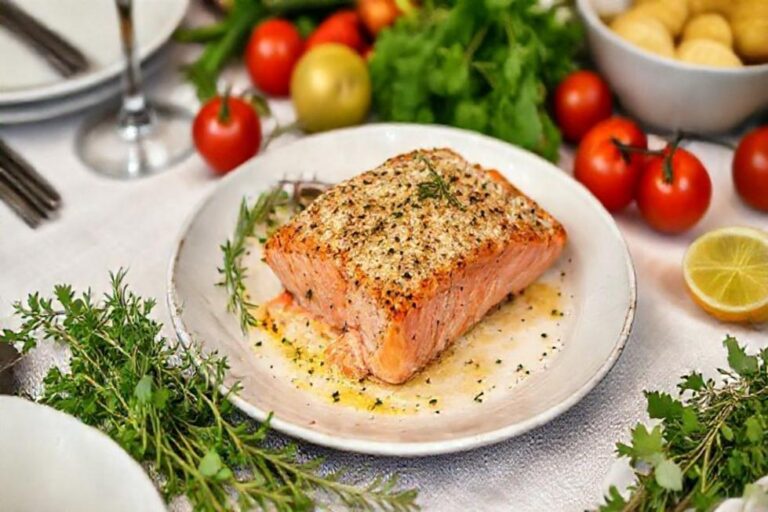 Mesa com salmão com crosta de parmesão e acompanhamentos.