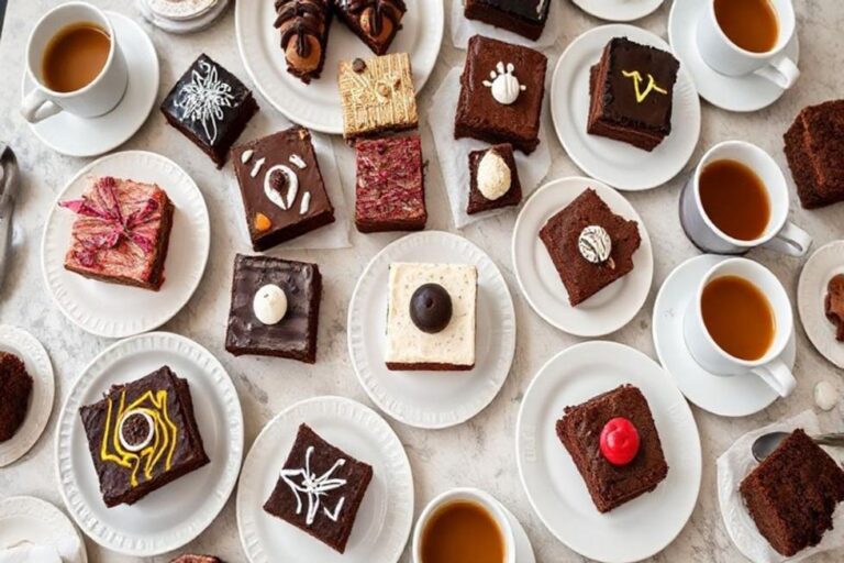 Mesa decorada com diferentes tipos de brownies deliciosos para saborear.