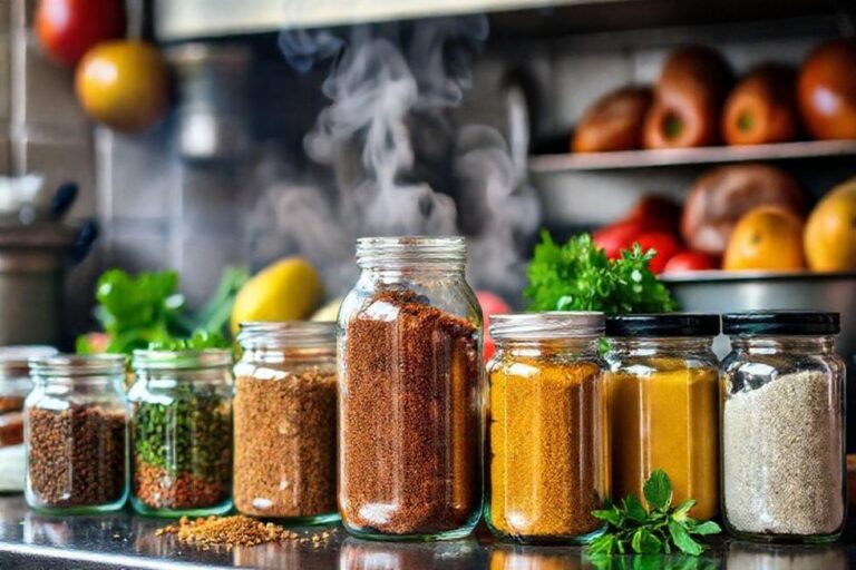 Uma cozinha cheia de ingredientes frescos e potes de temperos.