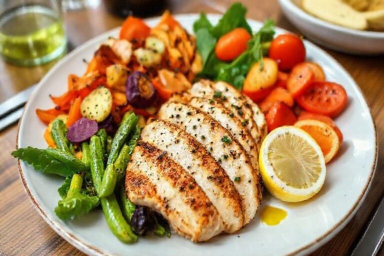 Um prato colorido de refeições low-carb, incluindo frango grelhado e vegetais.